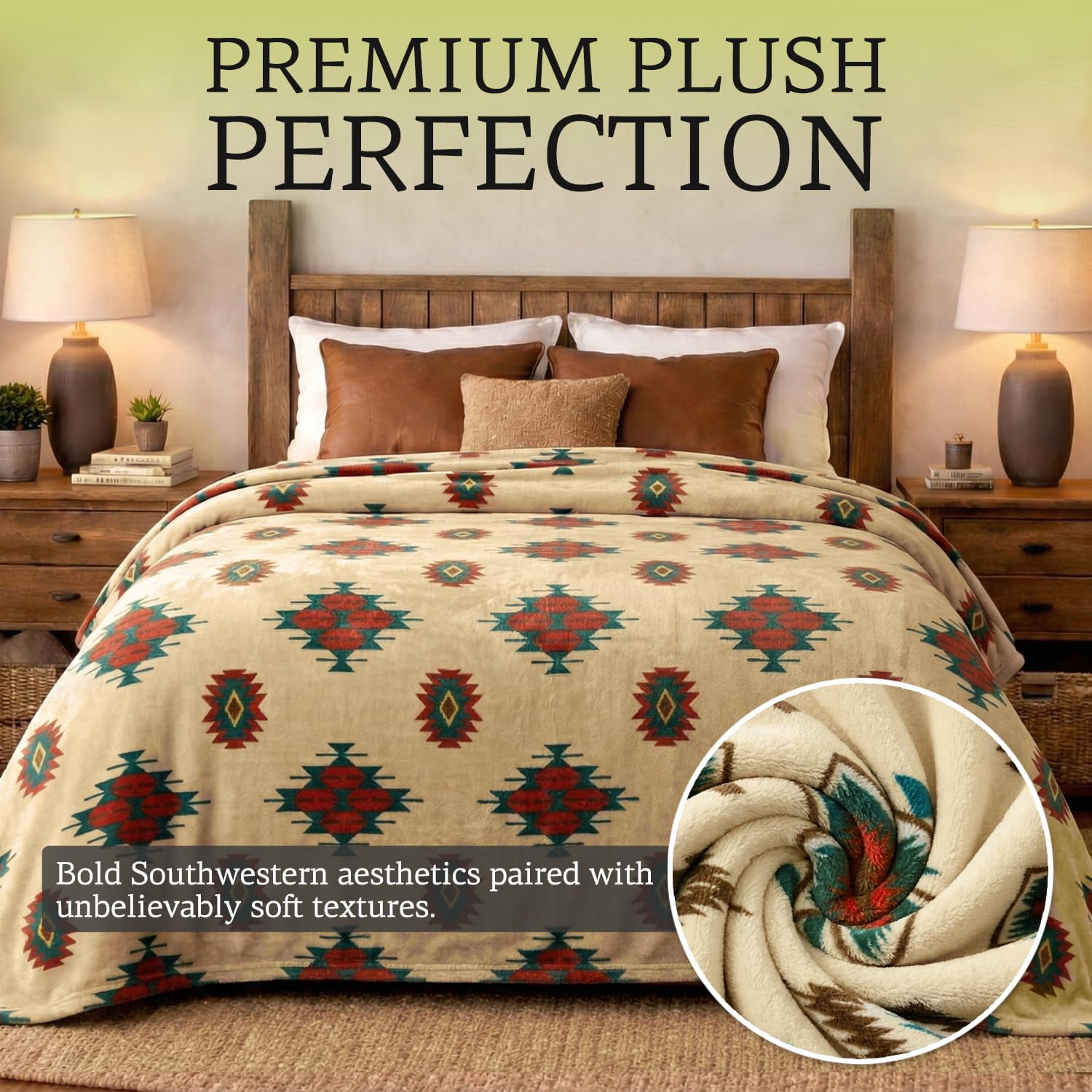 Sacred Thread Fleece Blanket South Western, Reversible Mexican, Vibrant Aztec Blankets and Throws for Aztec Decor for Home (Cream Flannel / Flannel (Throw (40''x60''))