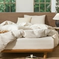 thumbnail image 2 of MooMee Striped Duvet Cover Set Cal-King 100% Washed Cotton Linen Like Textured Breathable 3-Piece (Almond Milk Grey& White Classic Stripes), 2 of 8