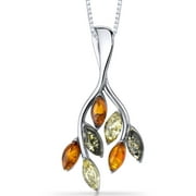 Leaf Shape Orange Amber Pendant Necklace in Sterling Silver, 18"