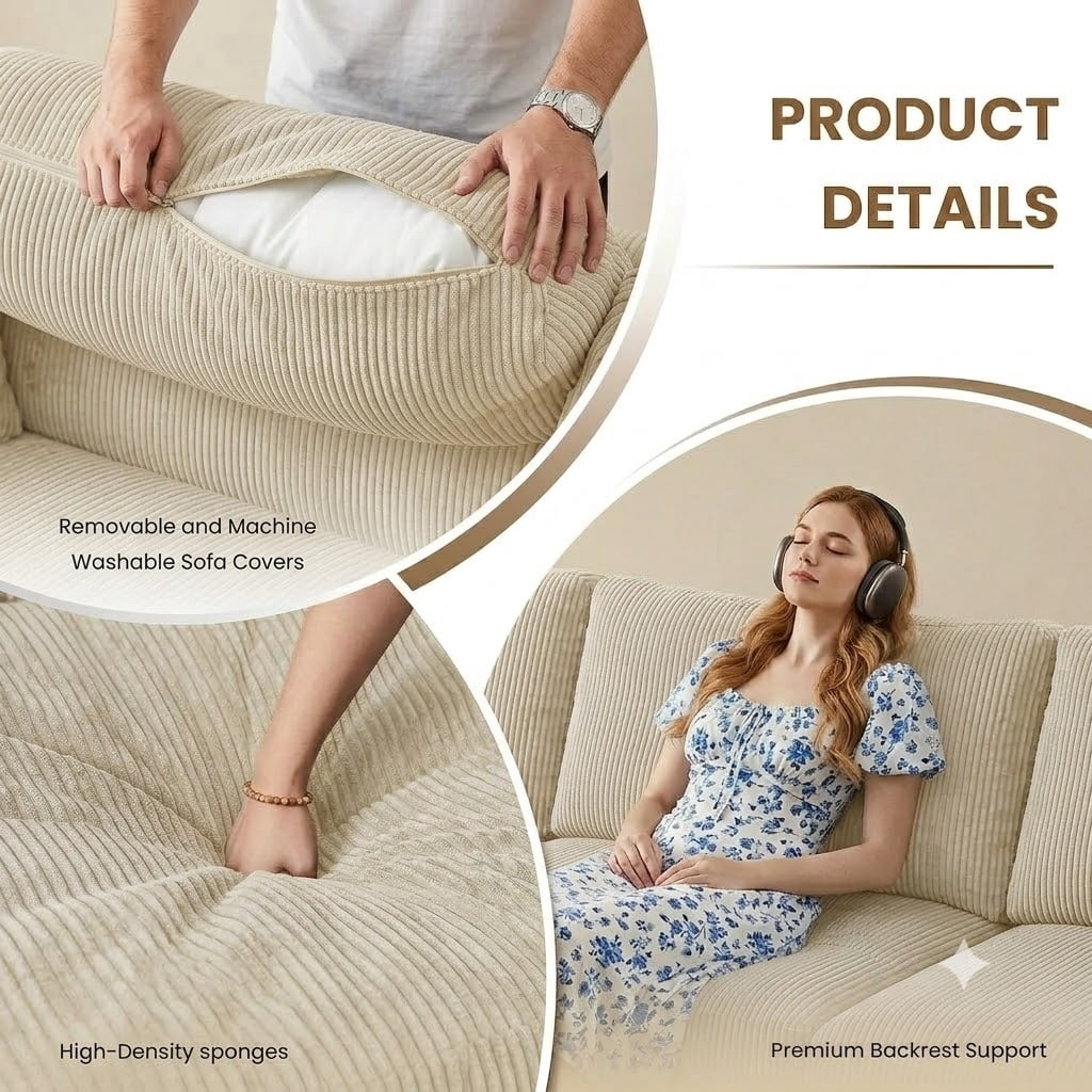 Howcool Cloud Couch Modular Sectional Sofa 6 Seat 122" L Shaped Reversible Convertible Couch, Corduroy Thick Cushion with Storage Ottomans, Washable Removable Cover for Living Room,Beige