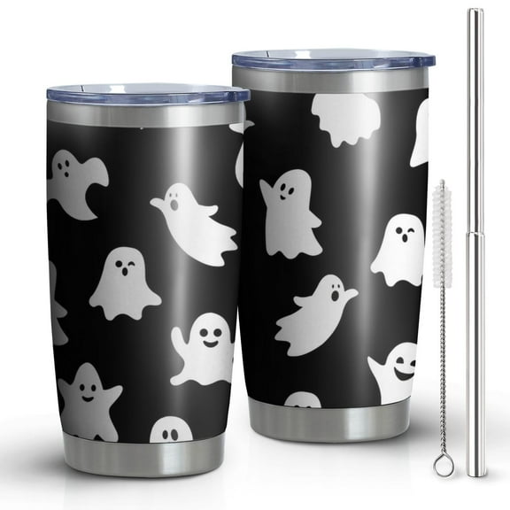 Cute Ghost Pumpkin 20oz Insulated Tumbler - Halloween Theme Double-Wall Vacuum Car Cup with Straw and Cleaning Accessory
