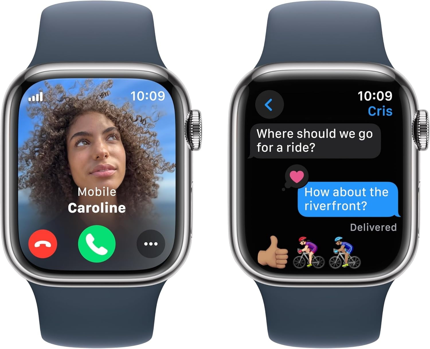 Apple Watch Series 9 [GPS + Cellular 45mm] Smartwatch with Silver Stainless Steel Case and Storm Blue Sport Band - M/L. Fitness Tracker, ECG Apps, Always-On Retina Display, Water Resistant