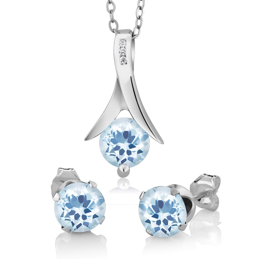 Gem Stone King 2.25 Ct Round Sky Blue Topaz and Diamond 925 Sterling Silver Pendant Earrings Set 18 inches Chain