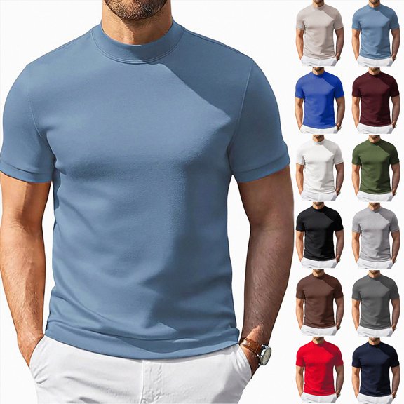 Men's T Shirt Short Sleeved Roll Neck Shirt Summer Basic Shirt Roll Neck Undershirt Athletic Gym Running Lightweight Performance Tee Top XXXL White Men's Short Sleeved T Shirt