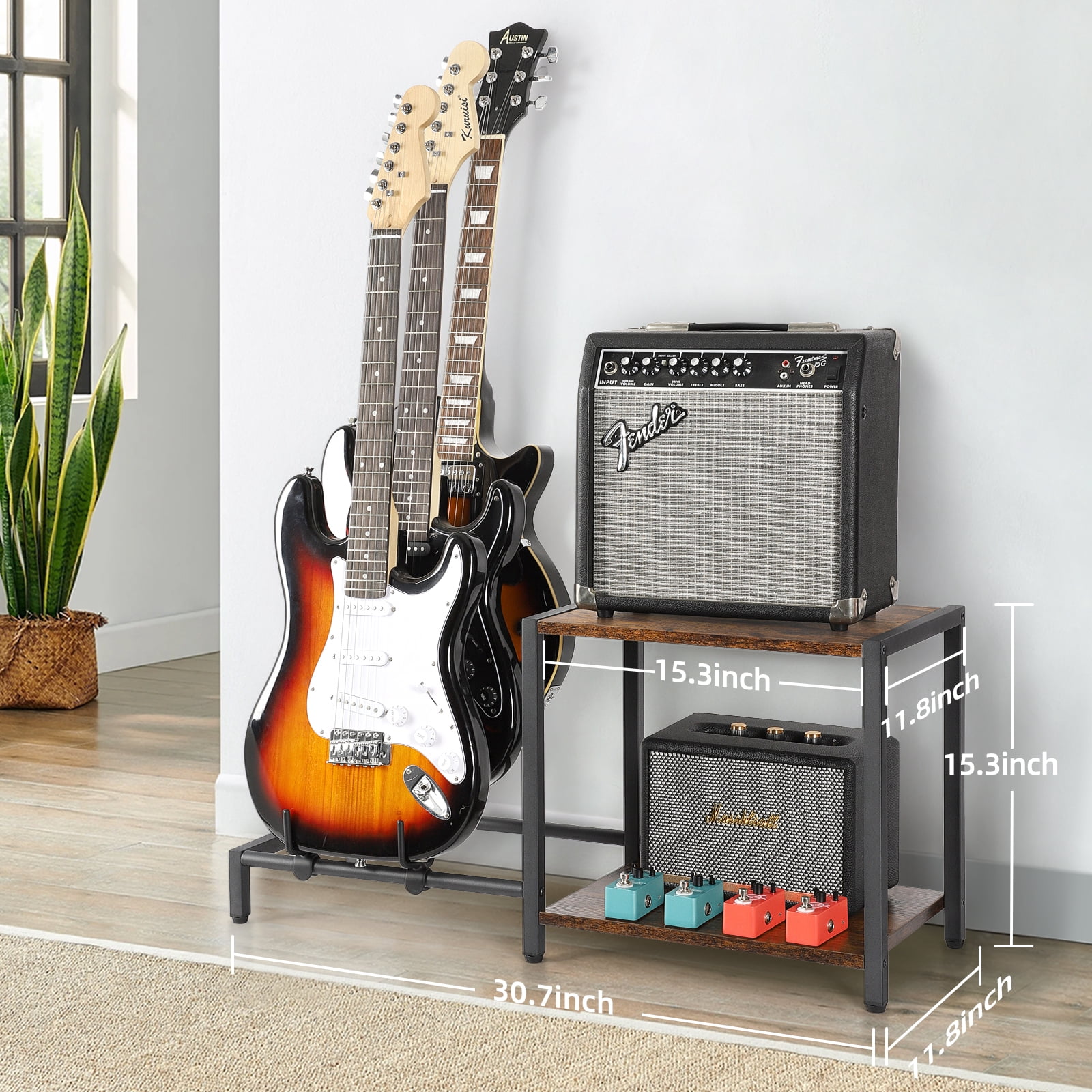 Olakee 3-Piece Floor Guitar Stand with Amp Support, Adjustable for Multiple Electric Guitars and Accessories, Wood & Metal, Black & Brown