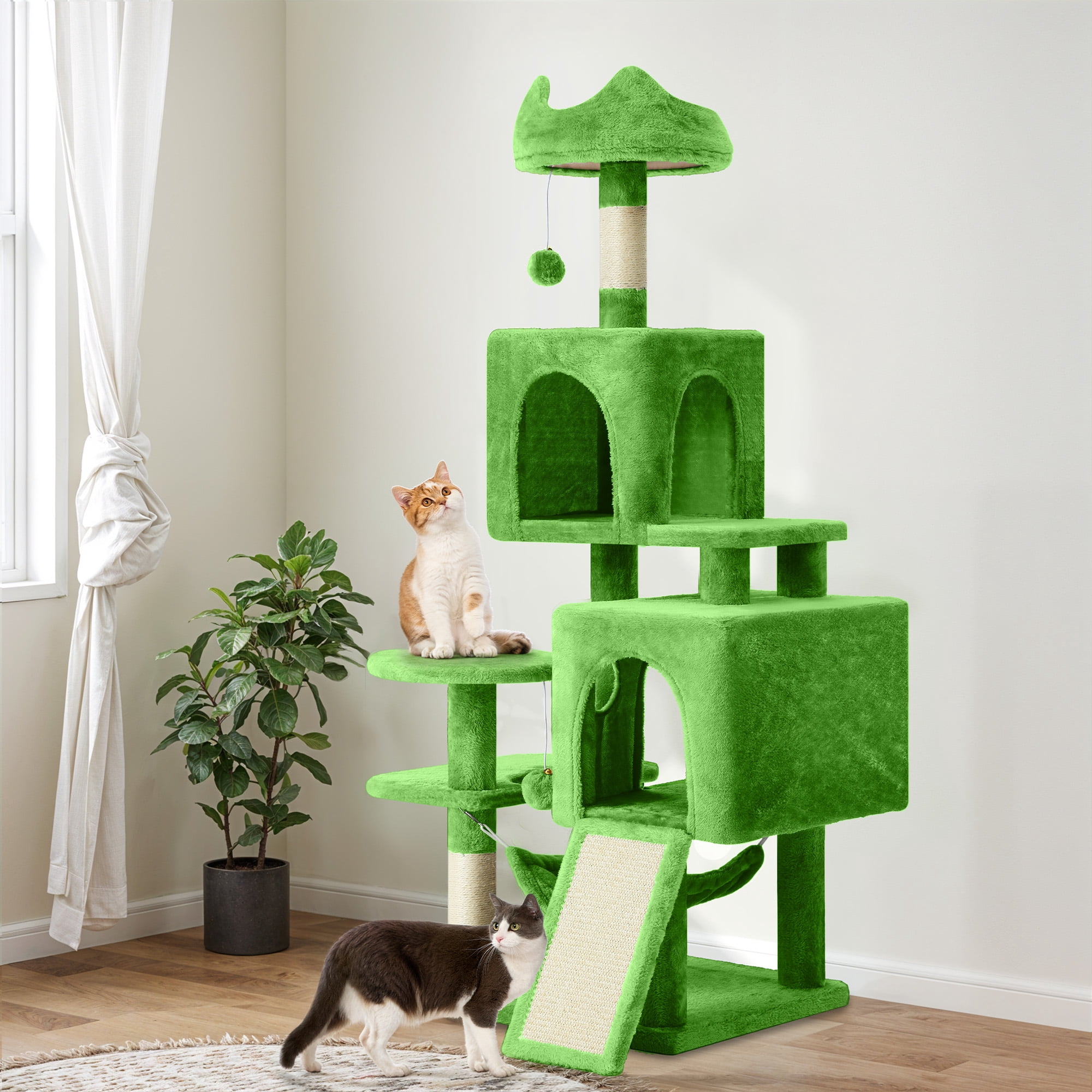 Uforic 54in Cat Tree Tower, Multi-Level Cat Condos, with Scratch Posts, Plush Top Perches, Hammock, Pet Play House, Green