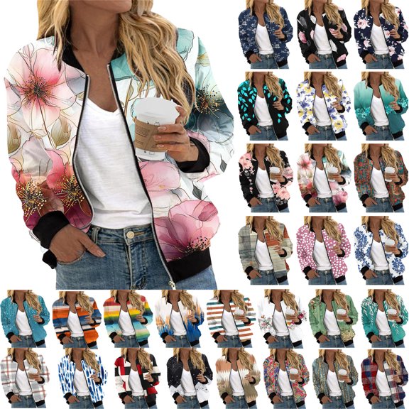 Jackets for Women With Pocket Big & Tall Women's Casual Fashion Printed Pocket Zippered Coat Loose Long Sleeves Top Pink S