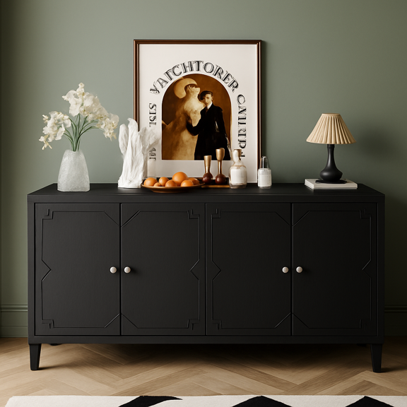 Accent Cabinet 4 Door Wooden Cabinet Sideboard Buffet Server Cabinet Storage Cabinet, for Living Room, Entryway, Hallway, Office, Kitchen and Dining Room, Matte Blac