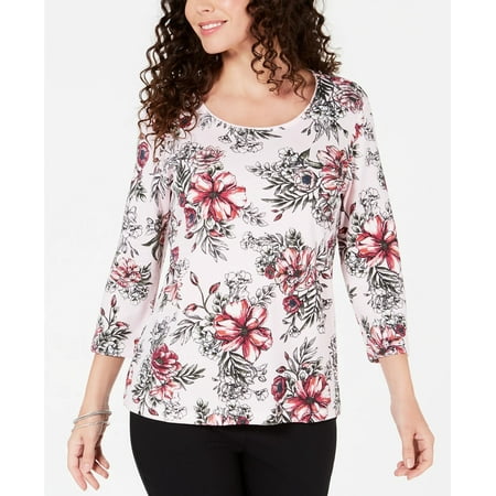 Karen Scott Women's Petite Printed Scoop-Neck Top Pink Size Small