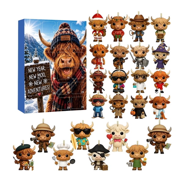 Clearance! 2026 Highland Cow Advent Calendar, 24 Days New Year Countdown with Acrylic Ornaments, Winter Snow Scene Gift Box for Christmas Tree & Home Decor