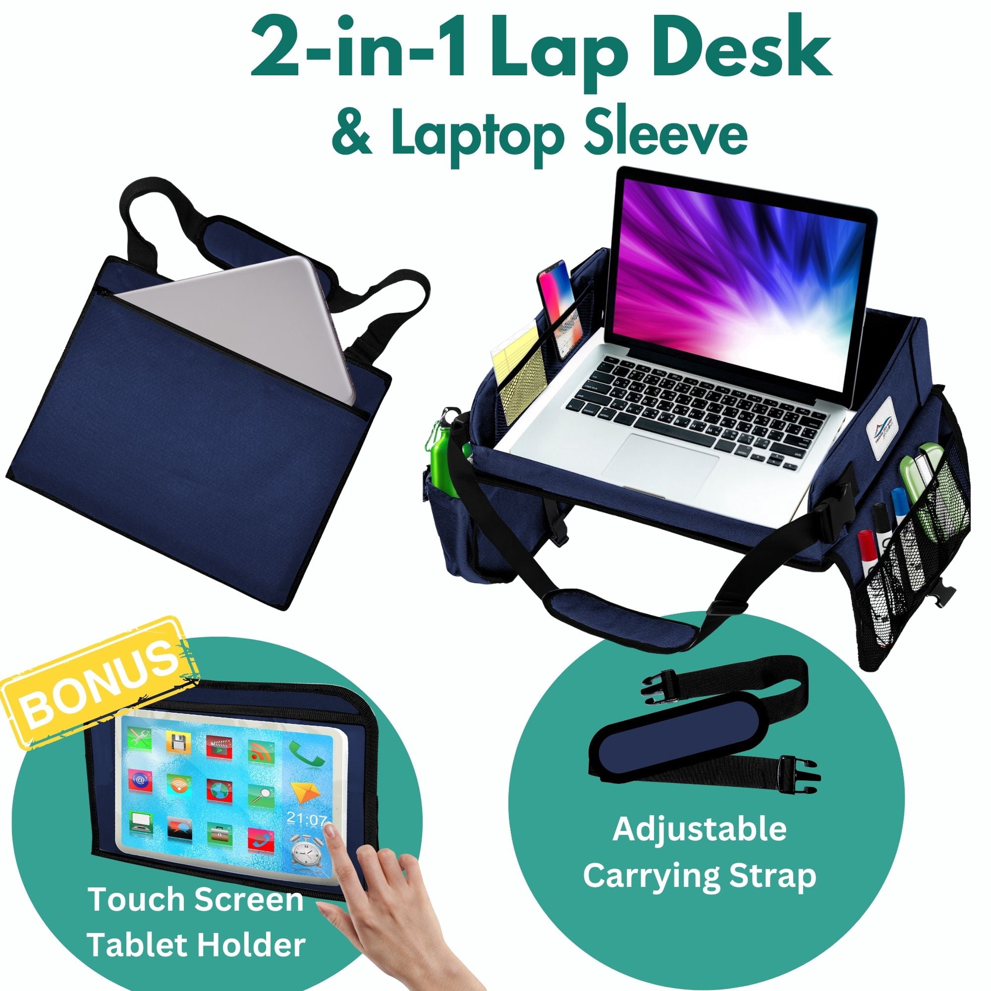 Cerizona Travel Lap Desk - Travel Tray,  Portable Lap Desk for Car, Remote Work, Trips, School - Storage Pockets, Laptop Tablet Sleeve, Adjustable Carrying Strap - Fits up to 15.6-Inch Laptop (Navy)