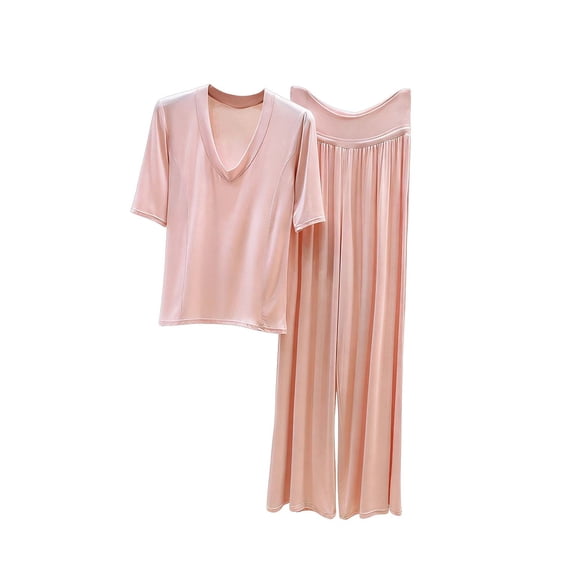 UAMVSH Women's Plus Size Pajama Sets Loose V Neck Short Sleeve Top with Drawstring Pants Pjs Set 2 Piece Soft Nightwear