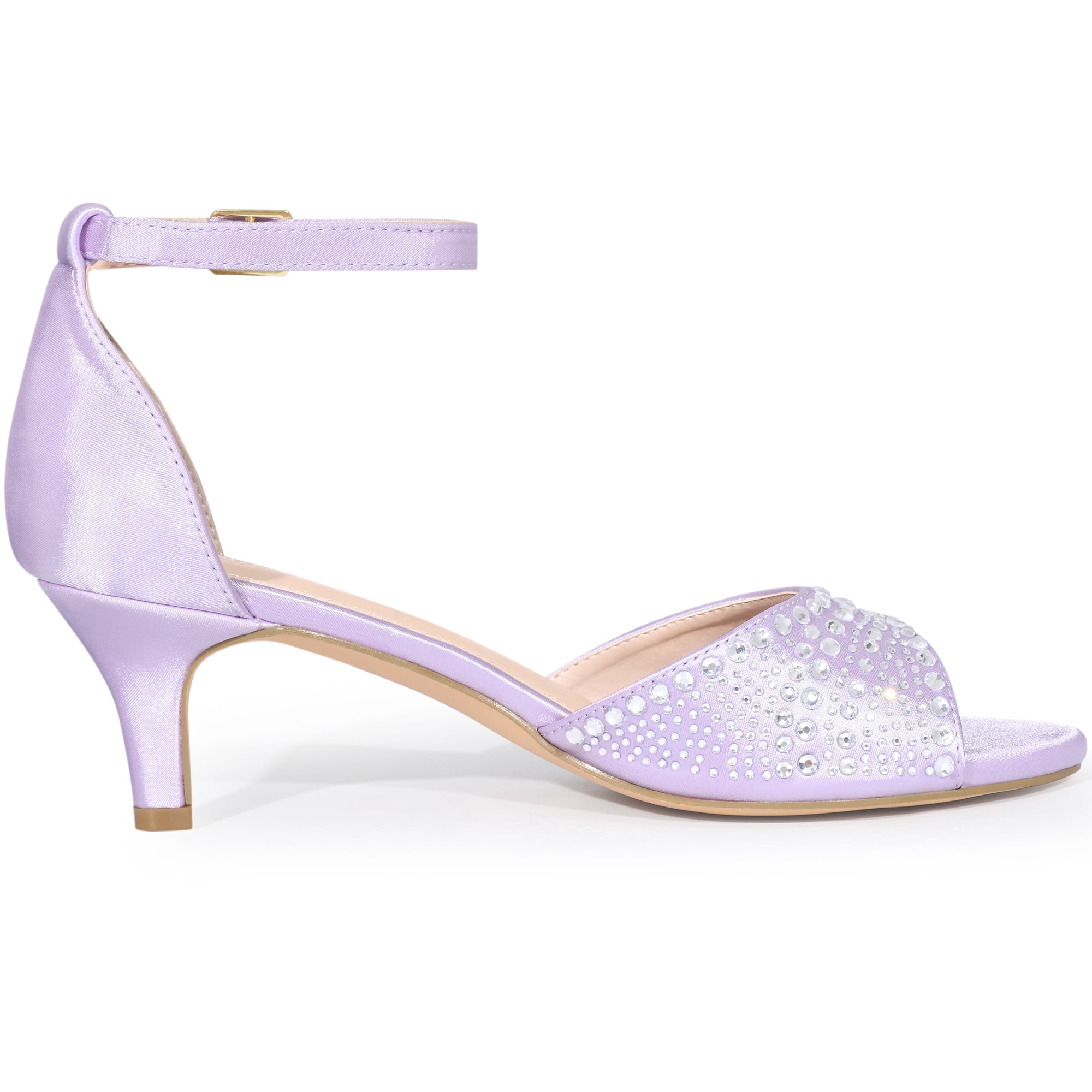 DARING DIVA Women's Rhinestone Ankle Strap Kitten Heel Satin Sandals Purple 7.5