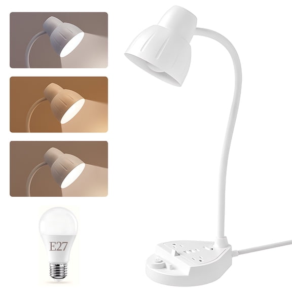 LED Desk Lamp 2 Outlets Power Strip with 2 USB Ports/1 Type-C, 3‑Level Adjustable Color Temperature Desk Lamp (E27 Replaceable), Perfect for Office, Reading & Bedside Lighting 5FT