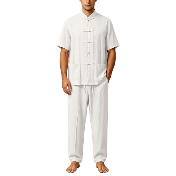 StSilkitty Men's 2 Piece Outfits Solid Color Short Sleeve Casual Shirts and Loose Pants Sets Summer Cotton Linen Casual Set