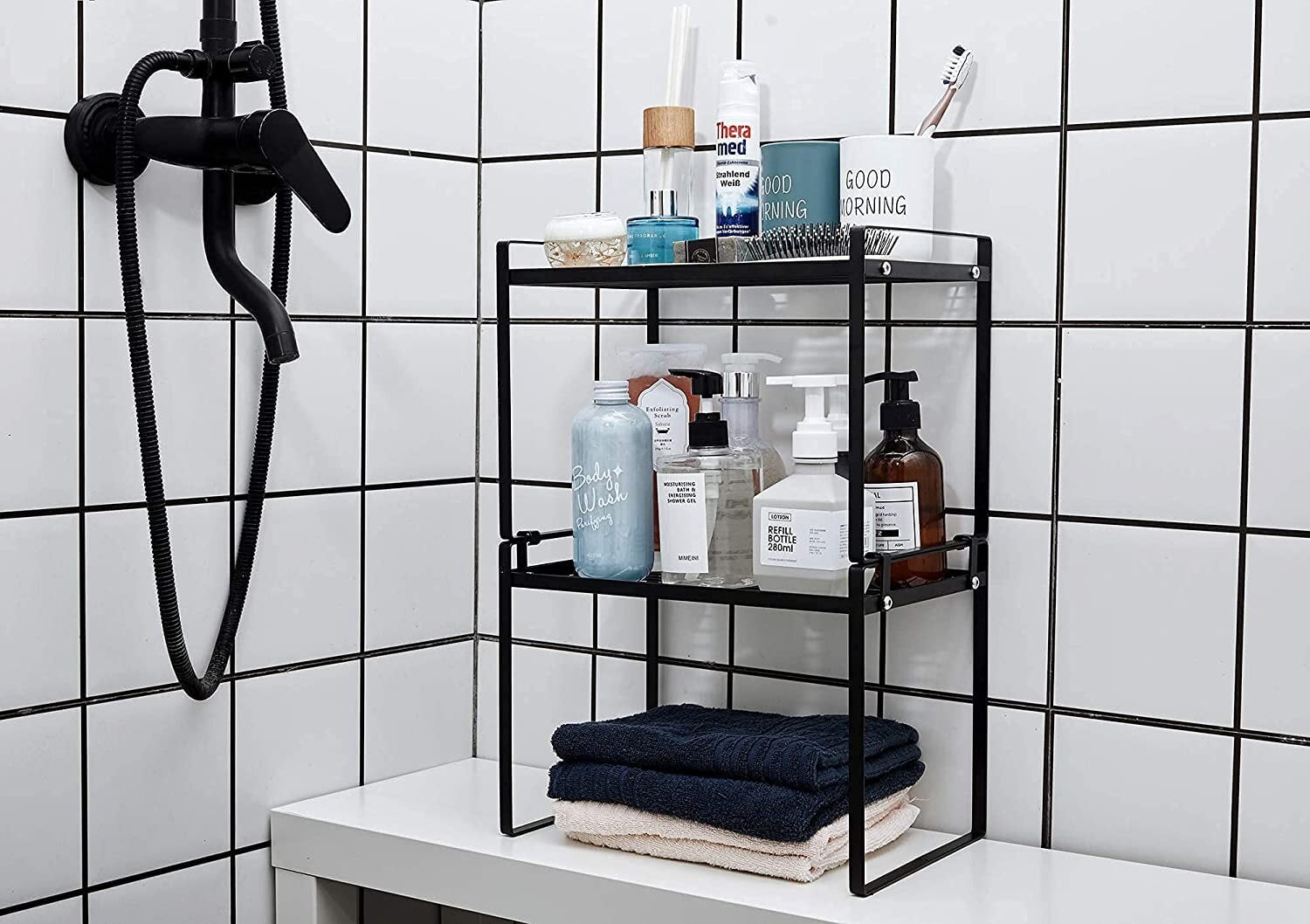 SUNFICON 2 Pack Cabinet Shelf Organizer Storage Rack Space Saving for Kitchen Counter Pantry Bathroom Cupboard Under Sink Office Table Desk Steel Stackable Rust Resistant 20”Black w Connected Hooks