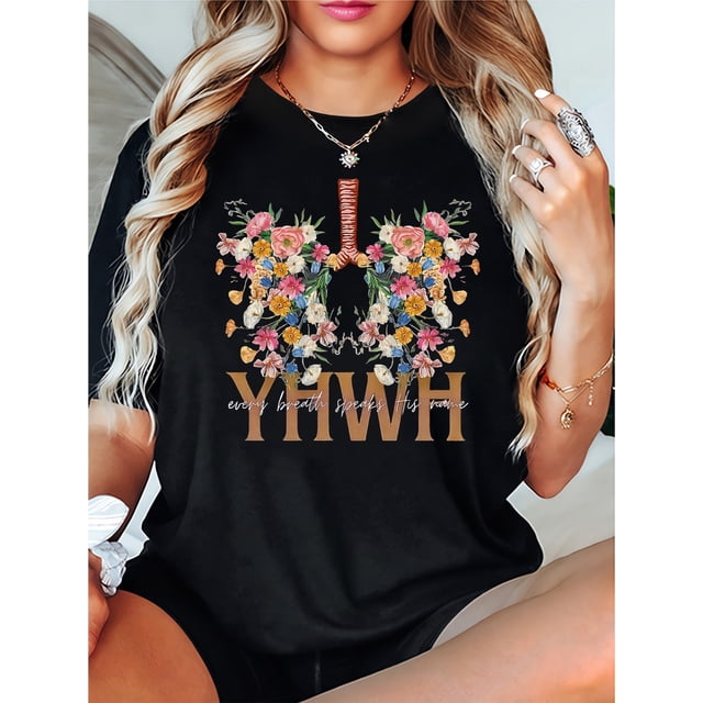 Women's Religious Floral Lung Design T-Shirt - YHWH & GOD Print Casual Short Sleeve Top, Medium Stretch Round Neck Spring Summer Tee, Machine Washable Faith-Inspired Apparel, Everyday Comfort