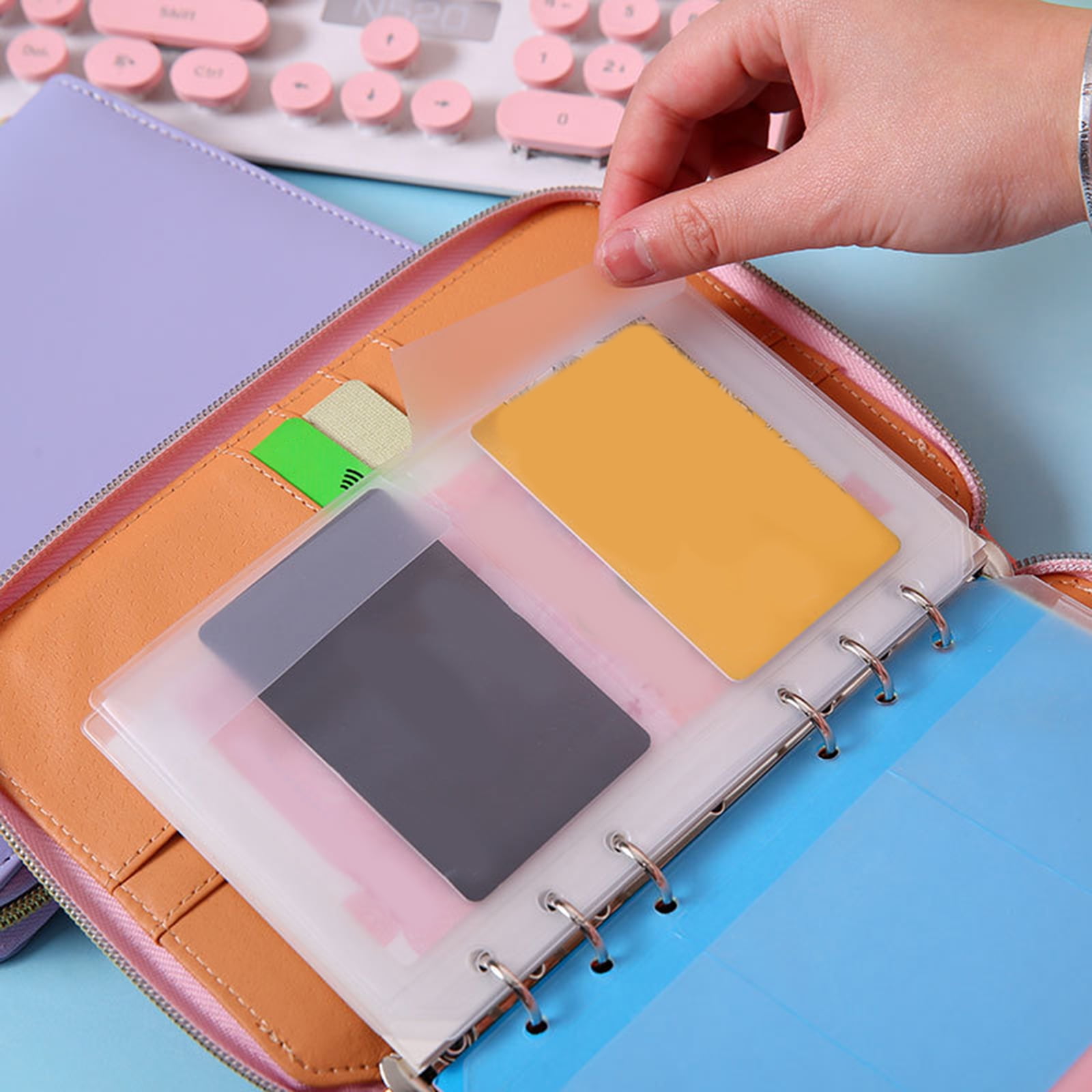 Refillable PU Leather 6-Ring Binder Cover with Zippered Closure, Card Pocket & Elastic Pen Slot