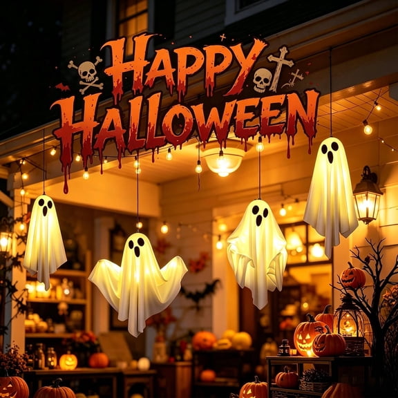 Halloween Decorations - Halloween Decorations Outdoor - Set of 4 Light Up Spooky Ghosts Decoration with 3 Light Modes Timer Remote- Indoor Cute Party Ghost Decor for Yard Porch Lawn Home Front Door