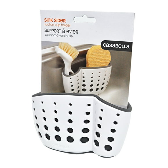 Casabella Sink Siderâ„¢ Suction Cup Sponge Holder, Versatile Tool, Storage Capabilities, Use in Kitchen or Bathroom, White/Grey