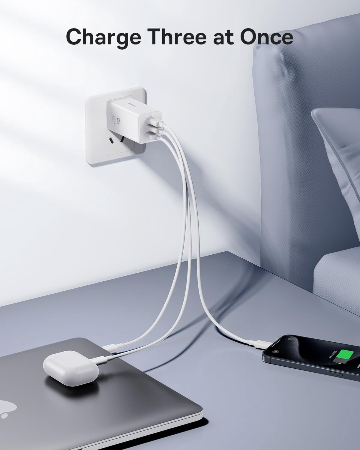 Baseus 65W USB C Fast Charger With Usb C Cable, Compact Gan Charger Block, White