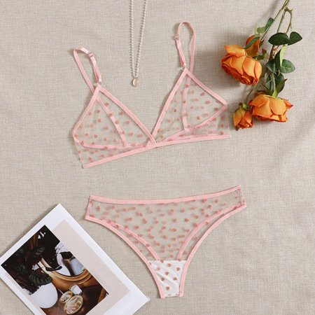

Ykohkofe Womens Sexy Mesh Perspective Temptation Love Polka Dots Three Point Underwear Set