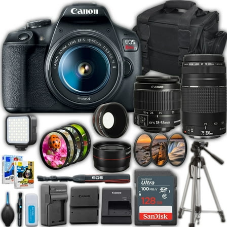 Canon EOS Rebel T7 DSLR Camera with 18-55mm Lens & Canon EF 75-300mm f/4-5.6 III Lens   SanDisk 128 GB Memory Card   Camera Case   50" Tripod   3 Pcs Filter Kit   More