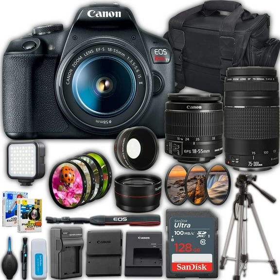 Canon EOS Rebel T7 DSLR Camera with 18-55mm Lens & Canon EF 75-300mm f/4-5.6 III Lens   SanDisk 128 GB Memory Card   Camera Case   50" Tripod   3 Pcs Filter Kit   More