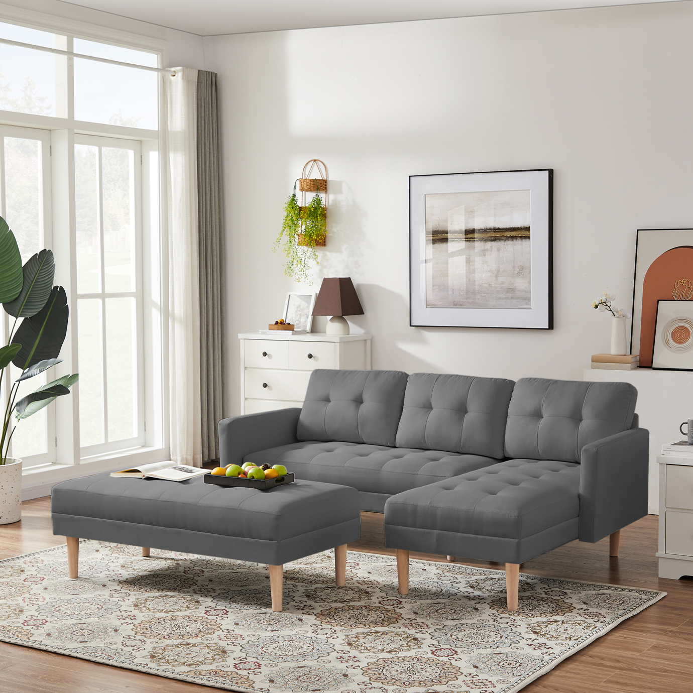 Convertible L-shape Sofa Couch Set with Reversible Ottoman