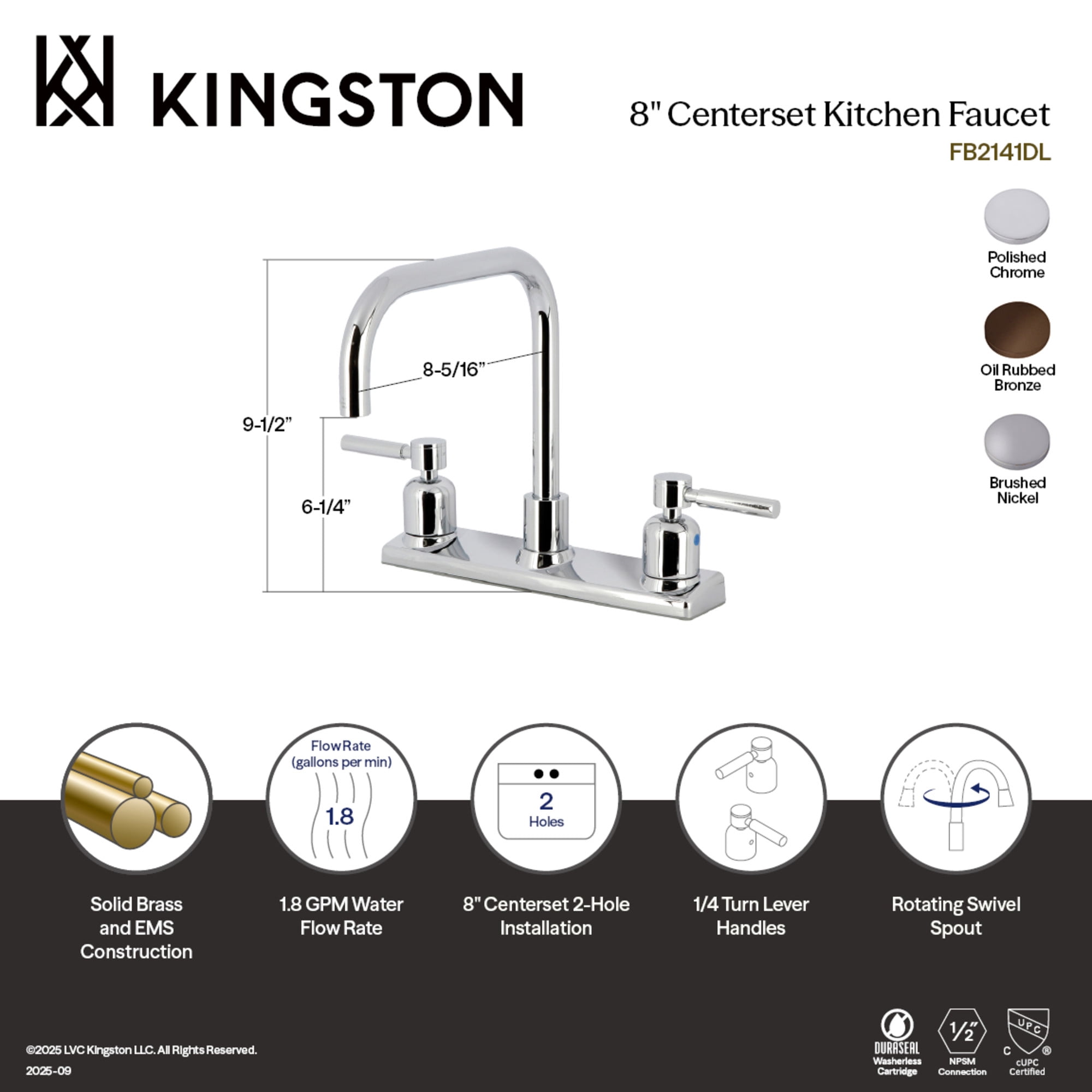Kingston FB2145DL Concord Two-Handle 2-Hole 8" Centerset Kitchen Faucet in Oil Rubbed Bronze