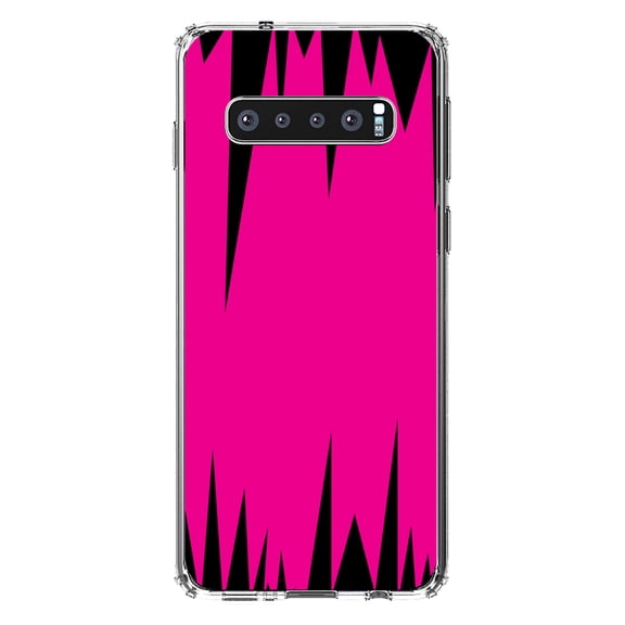 DistinctInk Clear Shockproof Hybrid Case for Samsung Galaxy S10 (6.1" Screen) - TPU Bumper, Acrylic Back, Tempered Glass Screen Protector - Neon Pink Black Spikes