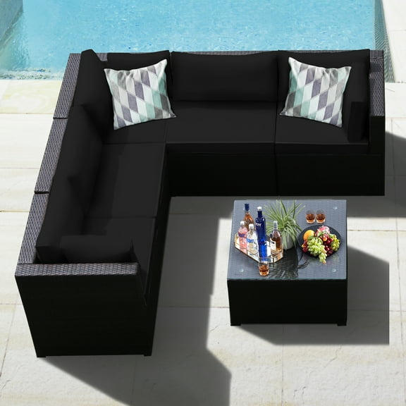 Gymax 6PCS Rattan Patio Sectional Sofa Conversation Set Outdoor w/ Black Cushions