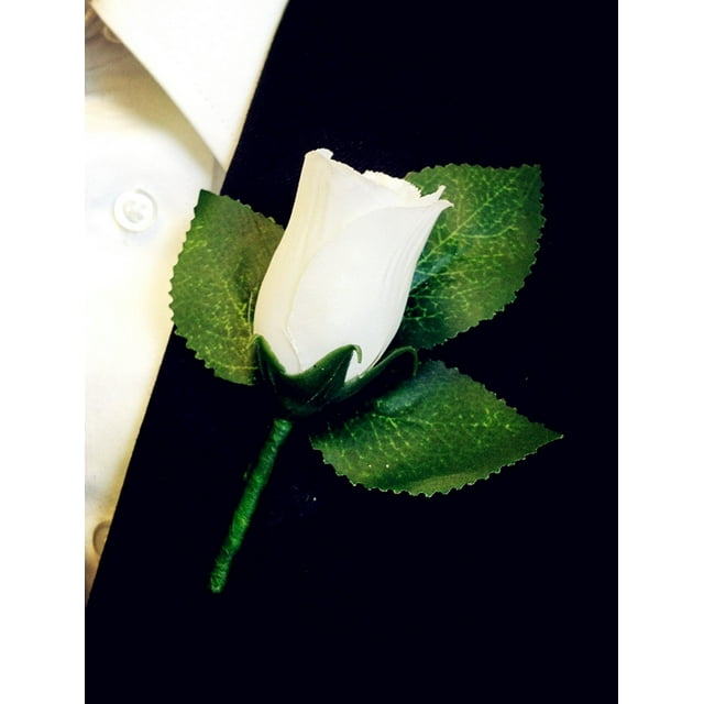 Angel Isabella Classic Rose Boutonniere with Very Nice Vein Pattern Printed Leaf. Pin Included (White)