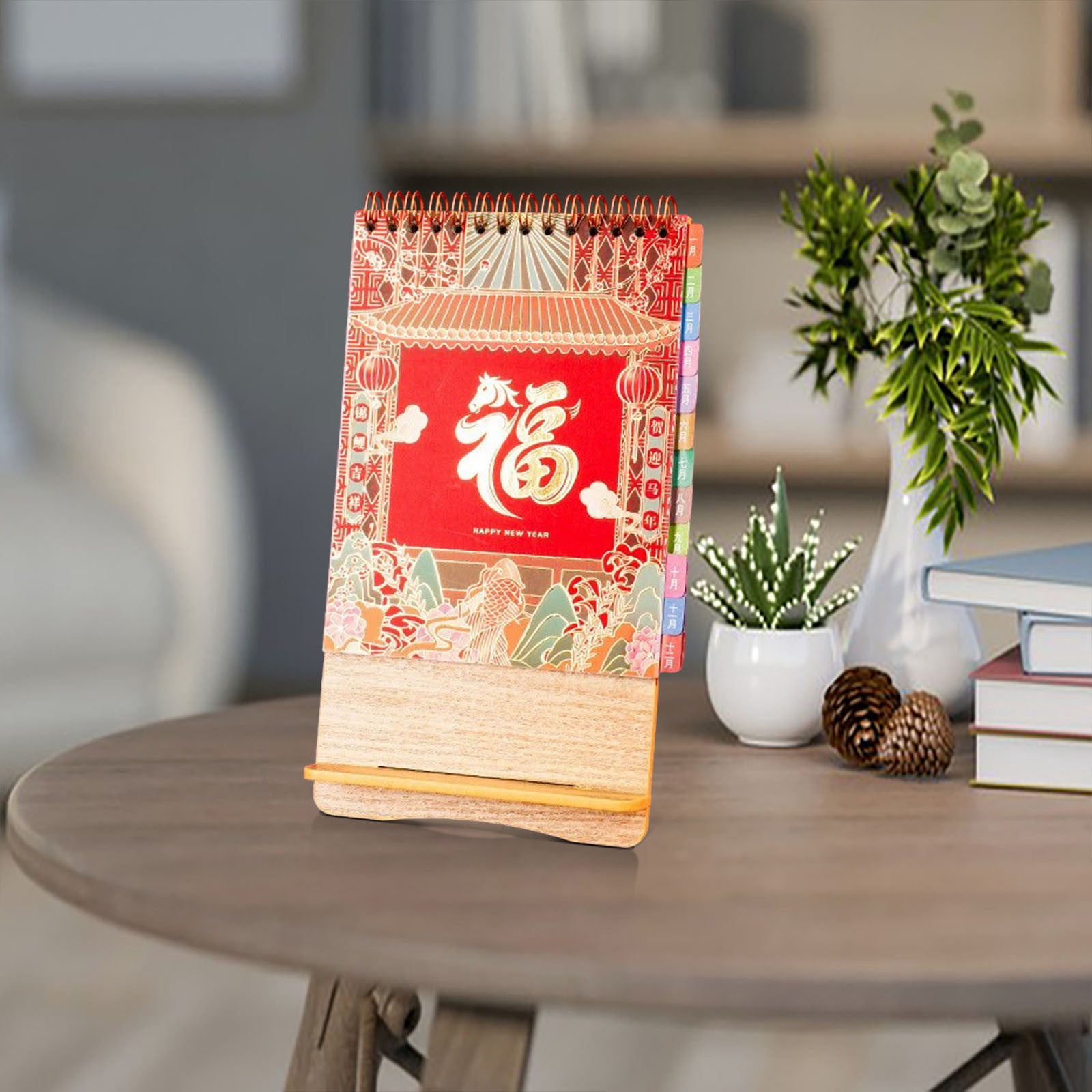 Weloille 2026 Wooden Desk Calendar, Festive Red Paper Office Desktop Mini Calendar with Holiday Markings and Solar Terms