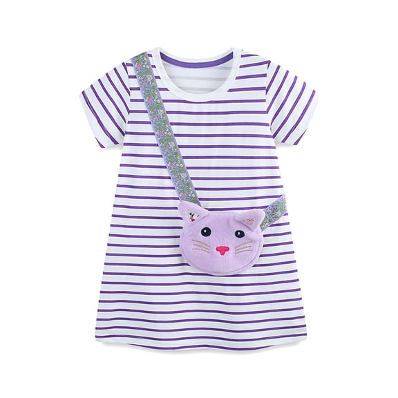 HWJAD Cotton Short Sleeve Dress for Girls Summer Toddler Kitten Crossbody Bag Dresses Kids Tunic Dress