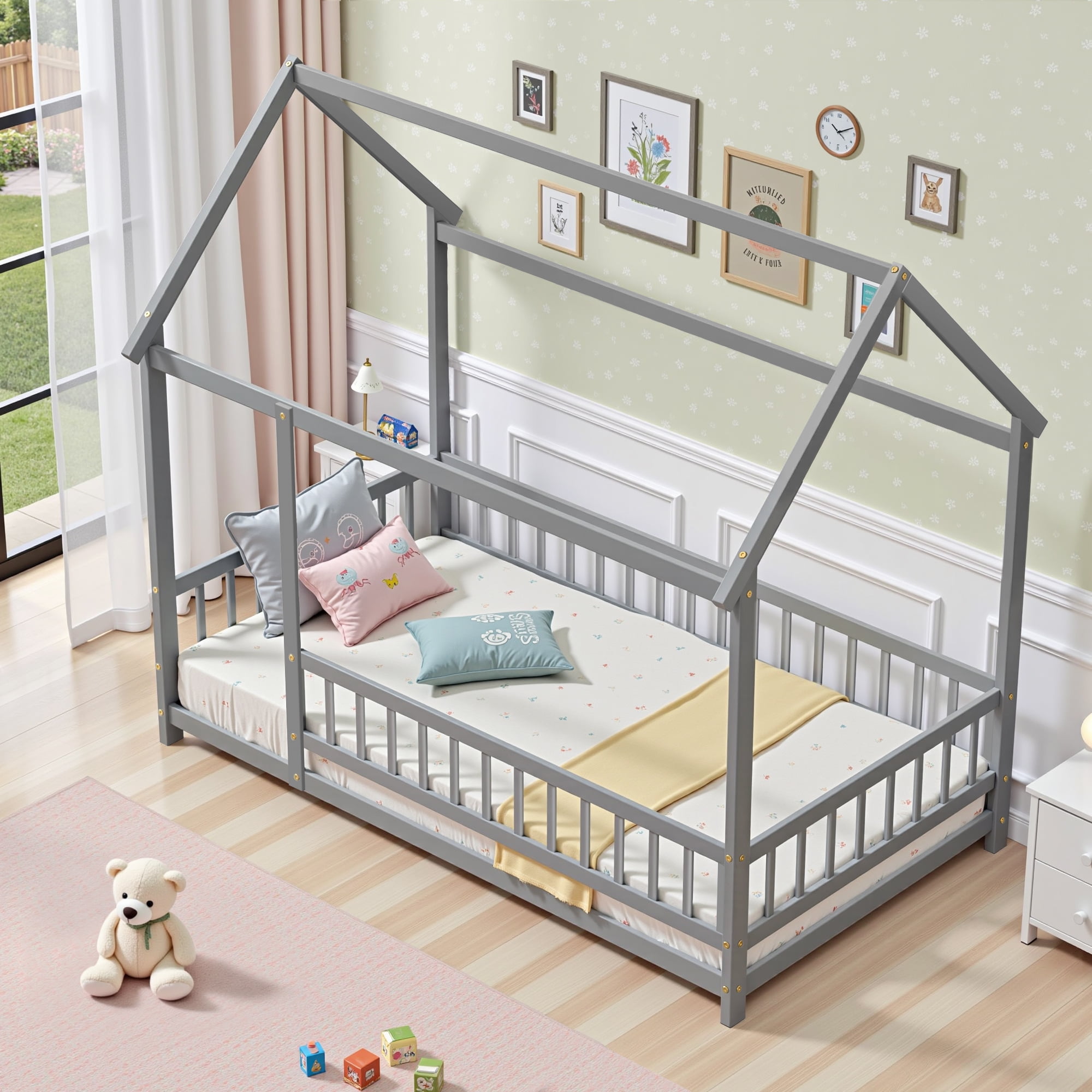 Twin Size Floor Bed, House Floor Wood Bed with Roof Frame for Kids Toddlers Teens, Montessori Bed Frame with Fence-Shaped Guardrail, without Slats, Gray