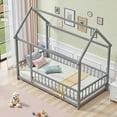 thumbnail image 4 of Twin Size Floor Bed, House Floor Wood Bed with Roof Frame for Kids Toddlers Teens, Montessori Bed Frame with Fence-Shaped Guardrail, without Slats, Gray, 4 of 7