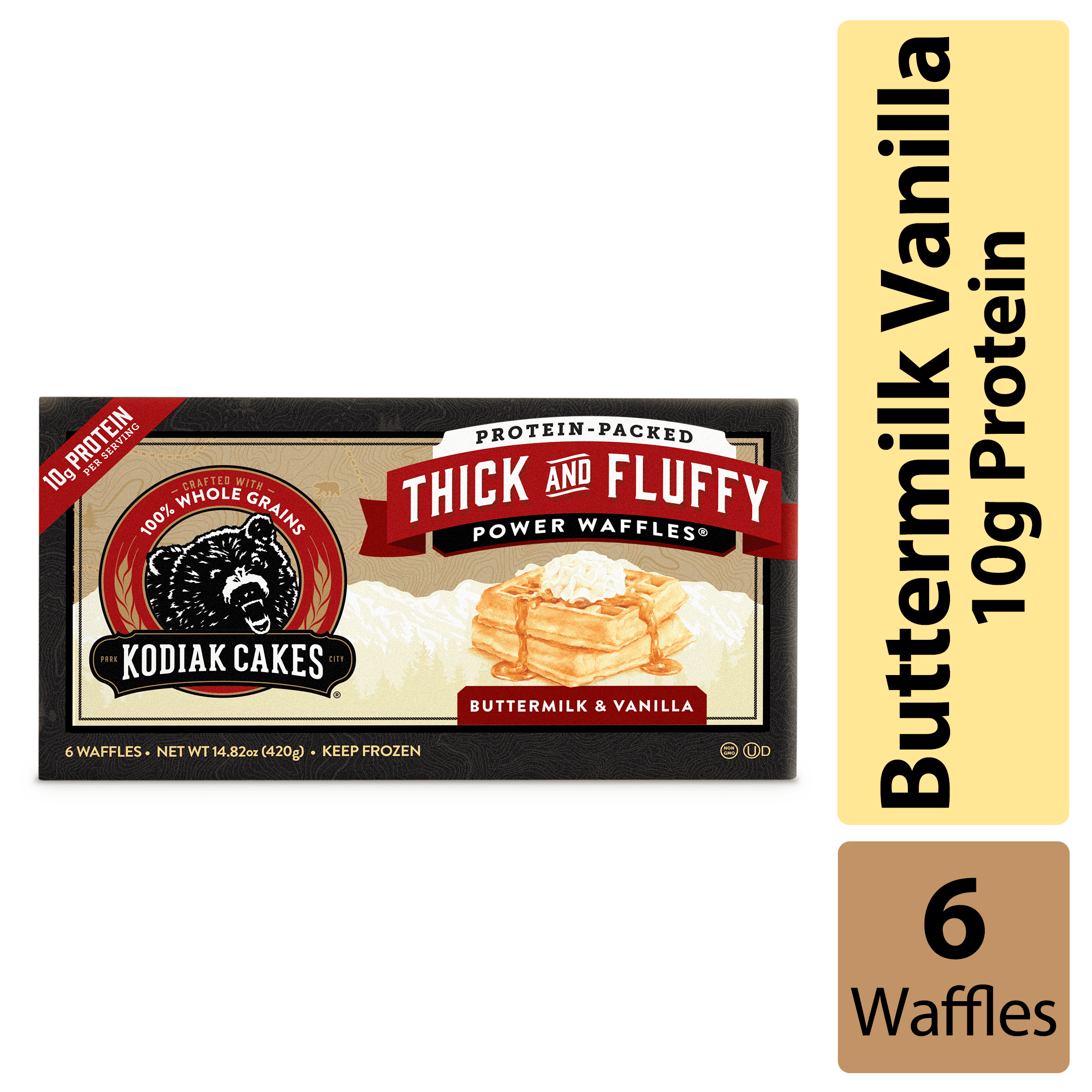 Kodiak Cakes Buttermilk & Vanilla Thick & Fluffy Protein Waffles, 14.82oz, 6 CT Box (Frozen)