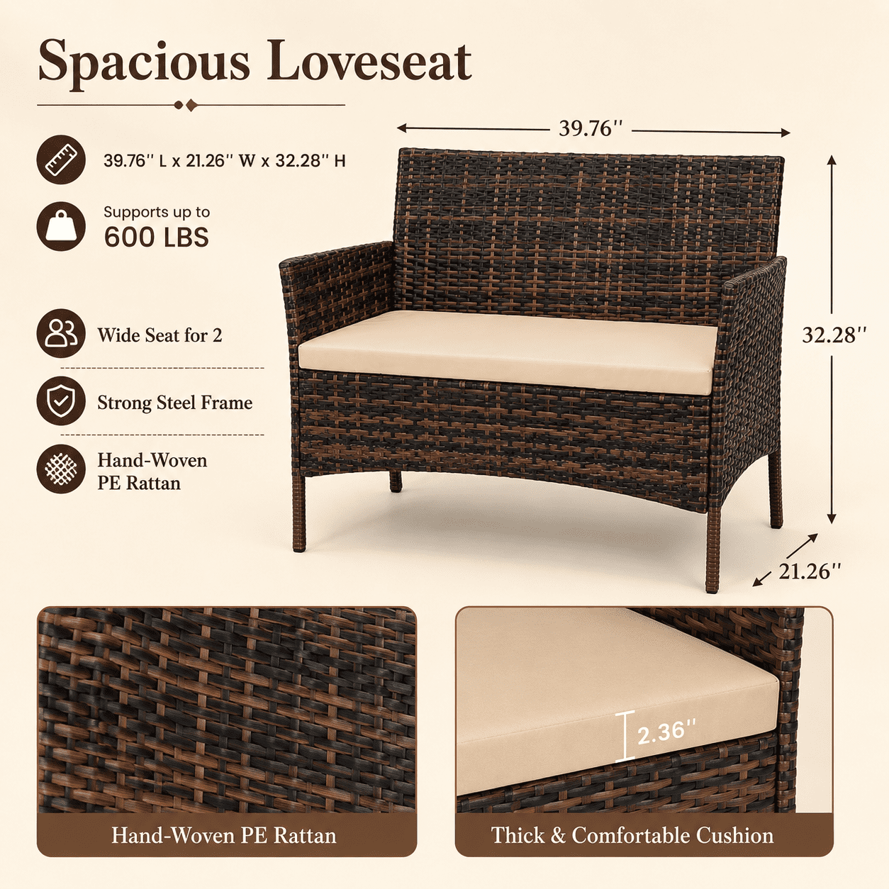 Outdoo Furniture Set, 4 Pieces Wicker Porch Conversation Set w/Cushions, All-weather Hollow Rattan Patio Sectional Sofa Set with Table
