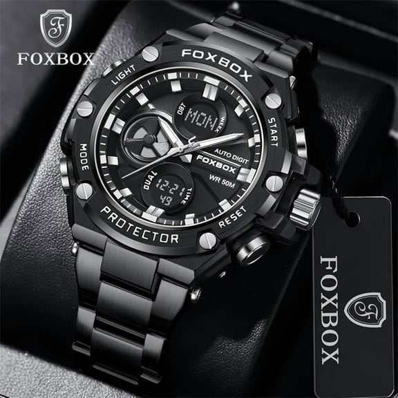 FOXBOX Men Digital Watch LED Sport Military Mens Quartz Wristwatch Male Luminous Waterproof Cl Business Watch Chronograph Luminous Stainless Steel Mens Watch Automatic Watch