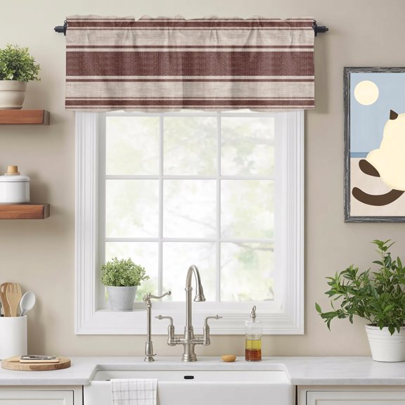 Farmhouse Brown Striped Valances for Windows,Kitchen Valance Rod Pocket Short Curtain, Minimalist Linen Texture Valance Curtain Window Valances for Bedroom Bathroom Living Room
