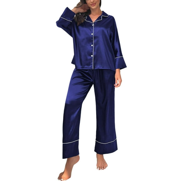 GDREDA Women Pajamas's Classic Button Down Long Satin Silk Pajama Set Women Pajama Sets pyjamas Navy,S