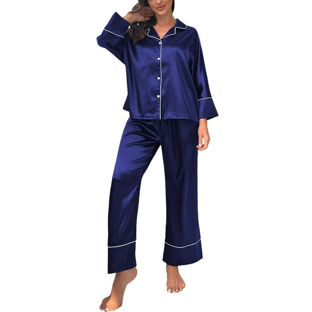GDREDA Pyjama pour Femmes Classique à Boutons, Long Ensemble de Pyjama en Satin Soyeux pour Femmes, Ensembles de Pyjama, pyjamas Bleu Marine, m