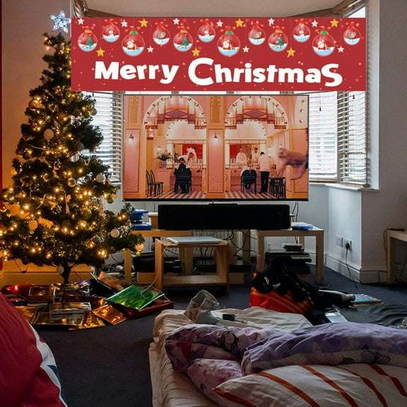 Large Christmas Banner 79x18 Inch Outdoor Indoor Decor, Festive Holiday Party Background with Metal Grommets, Polyester Christmas Decoration for Wall Fence Yard Display