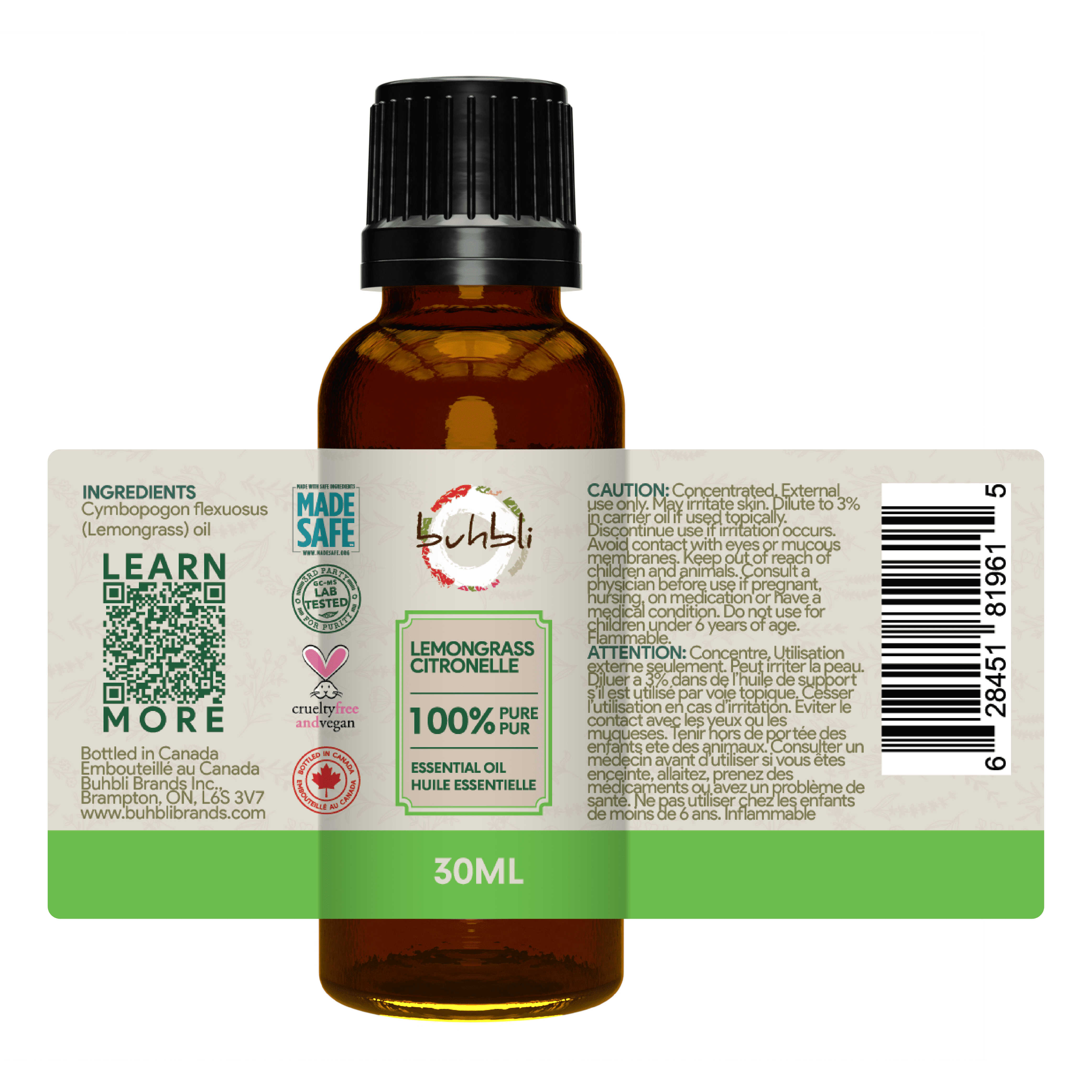 Buhbli Brands – Huile essentielle de citronnelle 100 % pure, 30 ml, entièrement naturelle et pure – Embouteillée au Canada