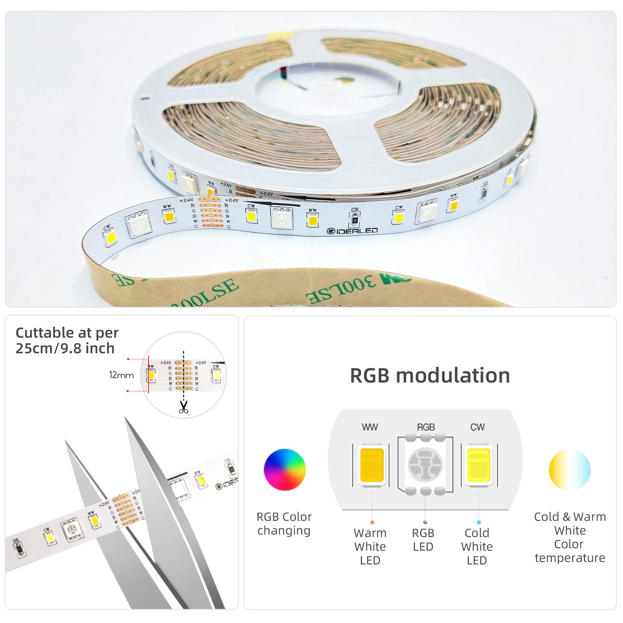 GIDEALED 32.8ft RGBWW LED Strip Light 24V DC, Cool/Warm White 2700K-6000K CCT RGB LED Strip for Home