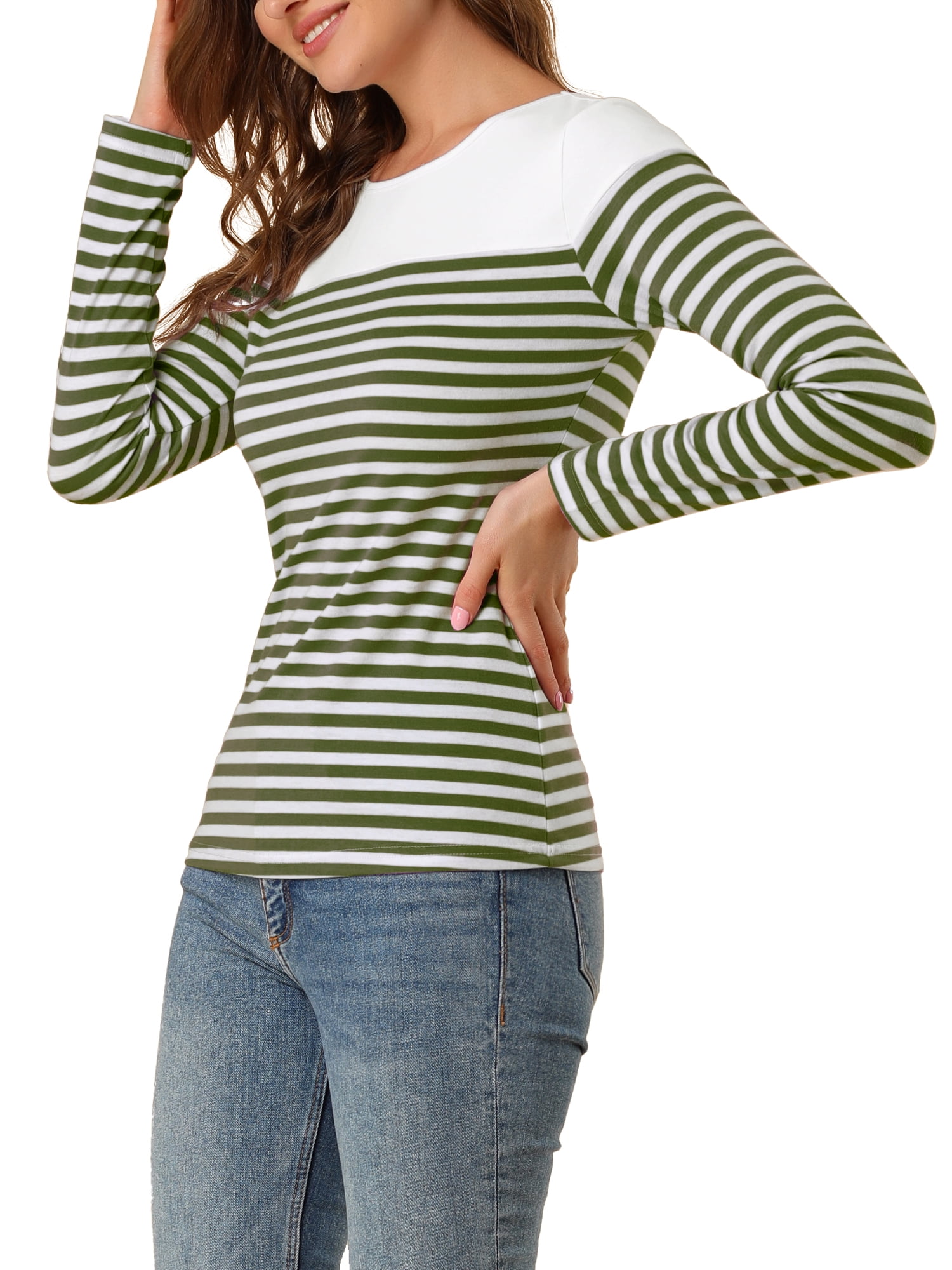 DARING DIVA Women's Color Block Striped Knit Top Long Sleeves T-Shirt M Army Green