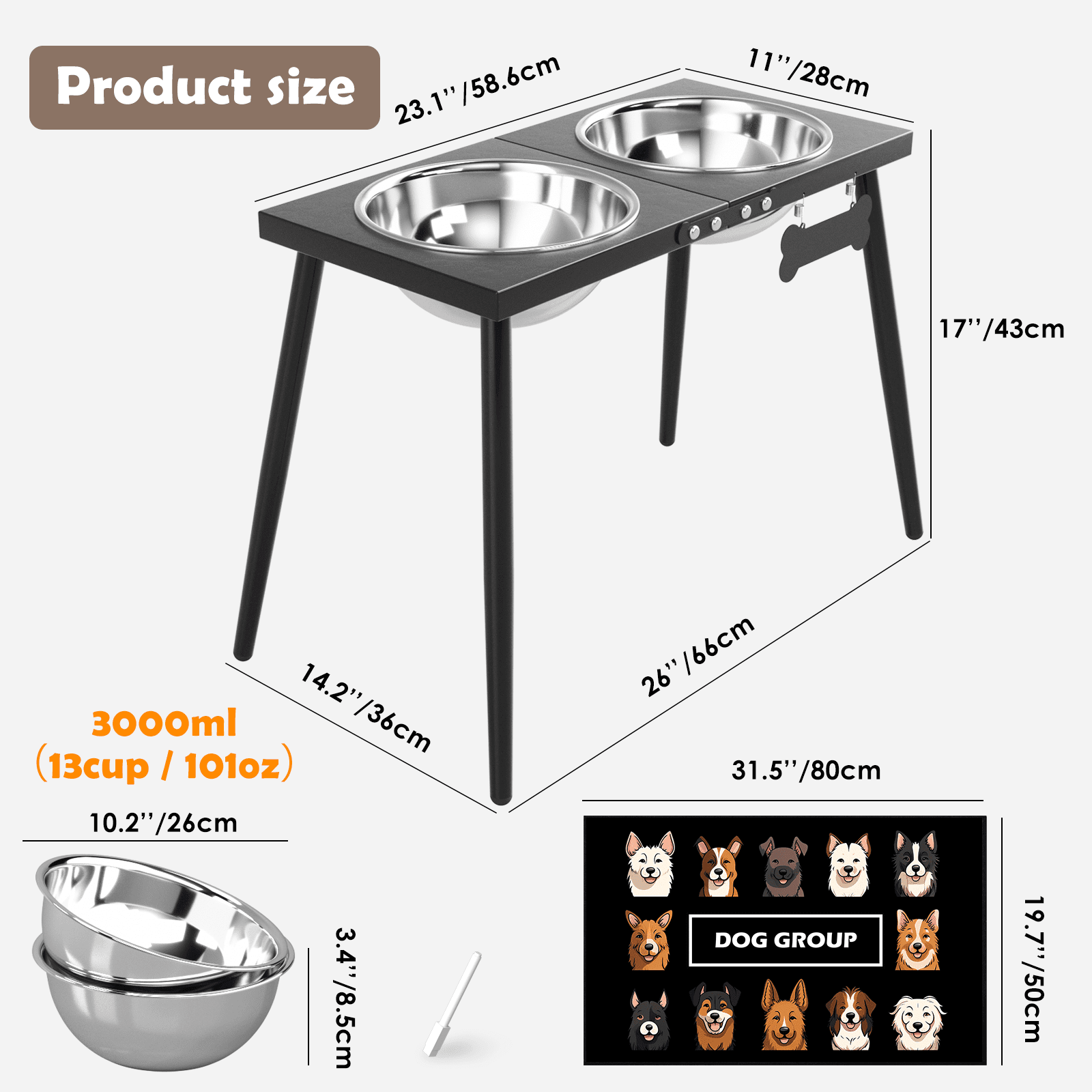 Metal Elevated Dog Bowls, 17in Tall Raised Dog Bowl Stand, Dog Food Bowls with 3000ml Stainless Steel Bowls and Sprill Proof Mat for Extra Large Dogs, Dog Food & Water Bowls