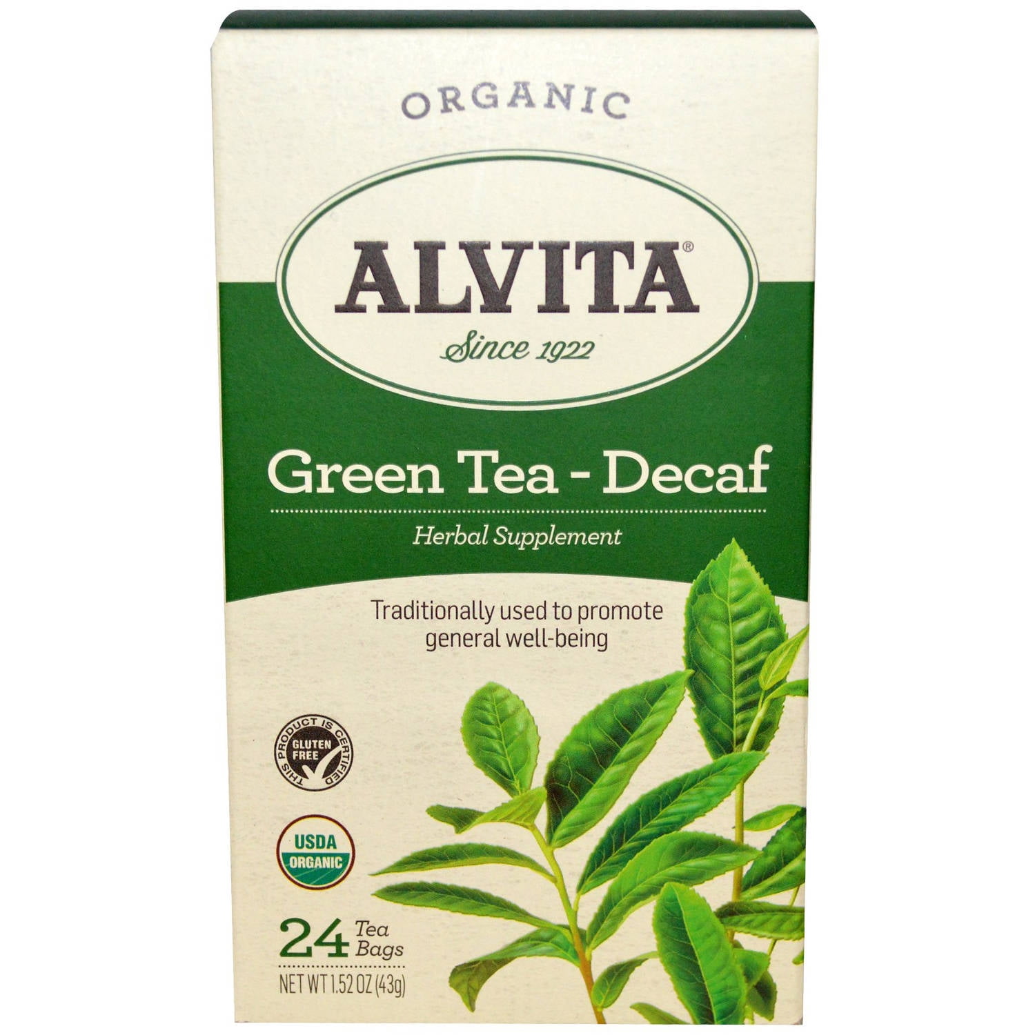 Alvita Organic Decaf Green Tea Herbal Supplement Tea, 24 count, 1.52 oz