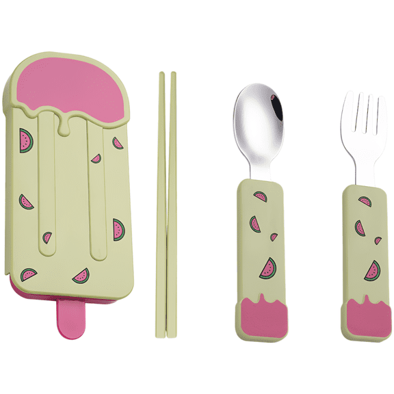 4 Pcs Youngsters' Portable Stainless Steel Cutlery Set, Cartoon Ice Cream Utensils with Case, Includes Spoon Fork Chopsticks, 5.9 in / 15 cm Chopsticks, Green Lightweight Little Mind's Silverware